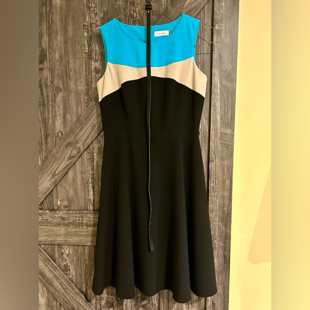Calvin Klein Black, Blue, and Tan Midi Dress
